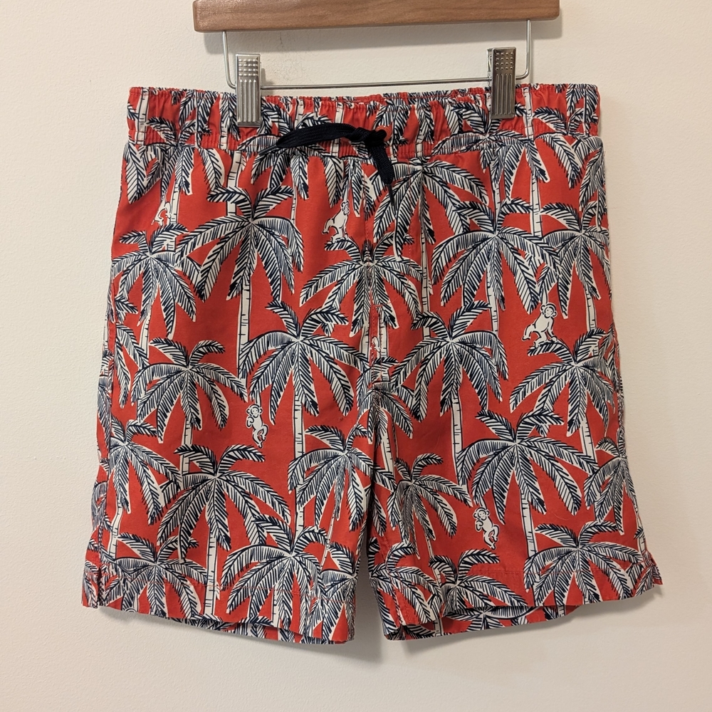 Lands' End Red Tropical Palm Tree Monkey Print Swim Trunks Size Medium Husky